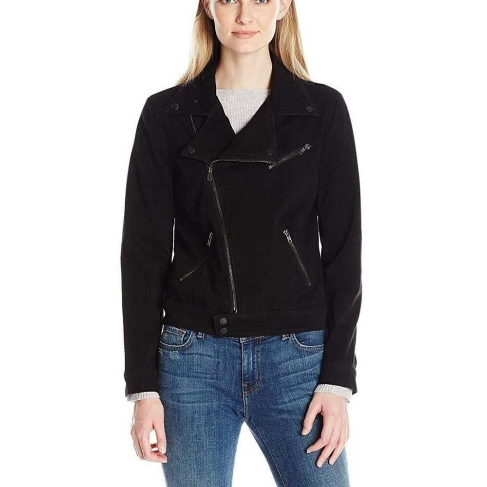 Liverpool Los Angelos Black Wash Denim Moto Biker Zip up Jacket Size XL